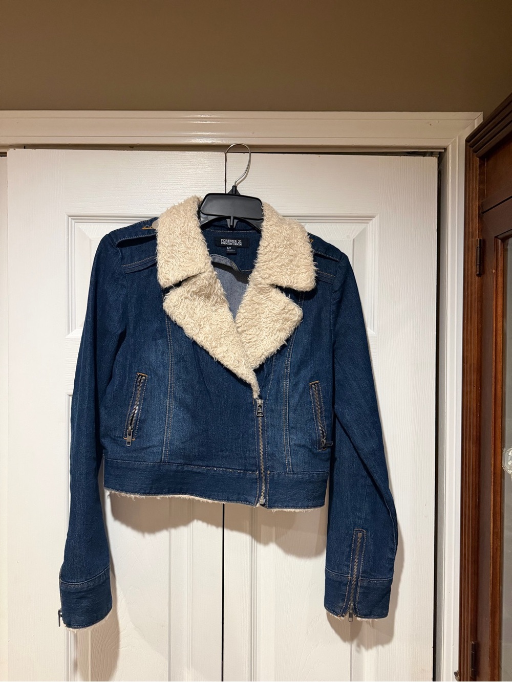 Forever 21 Dark Blue Denim Jacket with Cream Sherpa Collar